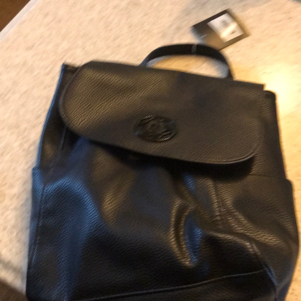 Black vegan leatherLucinda Top handle mini bag our backpack